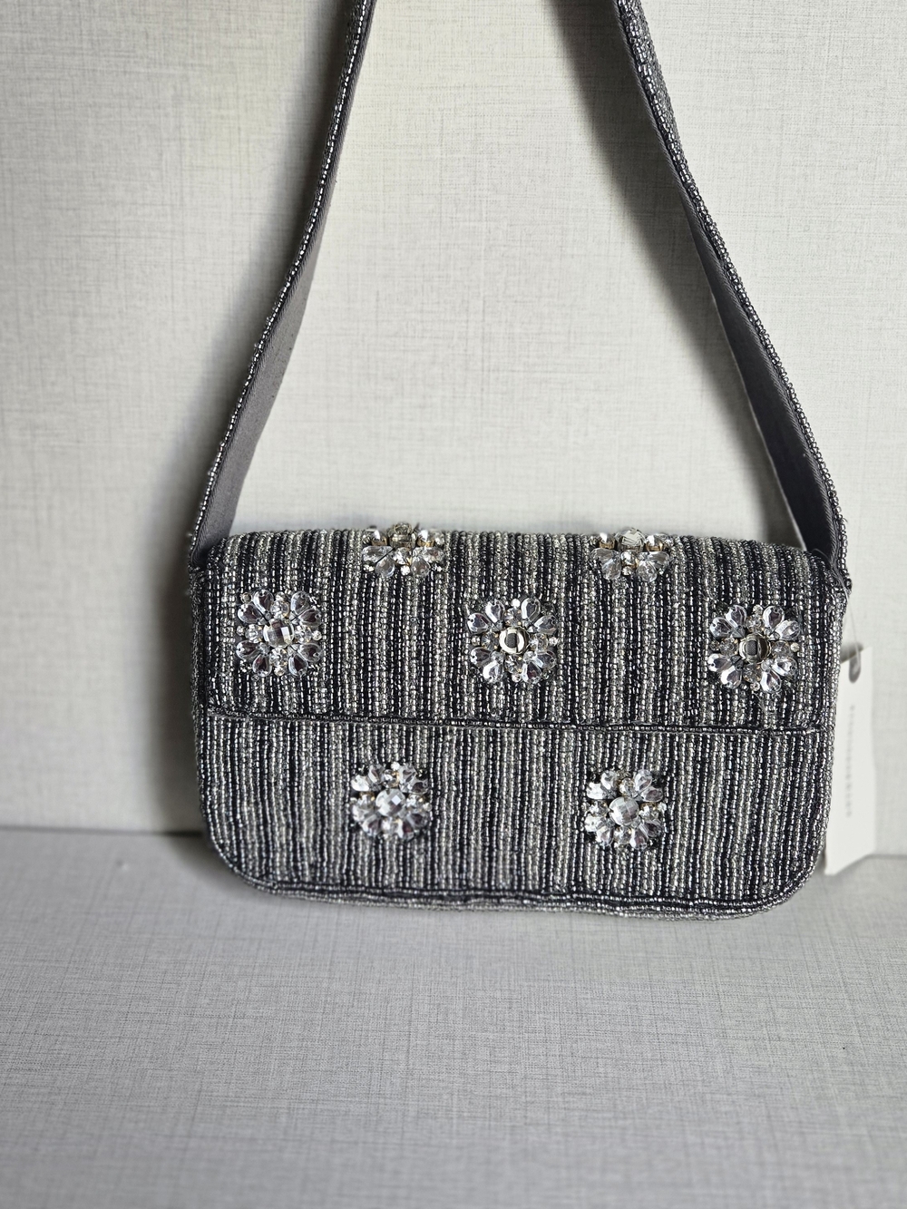 ✅️✨️Anthropologie Fiona Beaded Silver Bag Geometric Crystal Accents Edition NEW